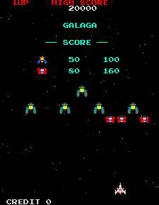 The title screen to Galaga, developed by Namco