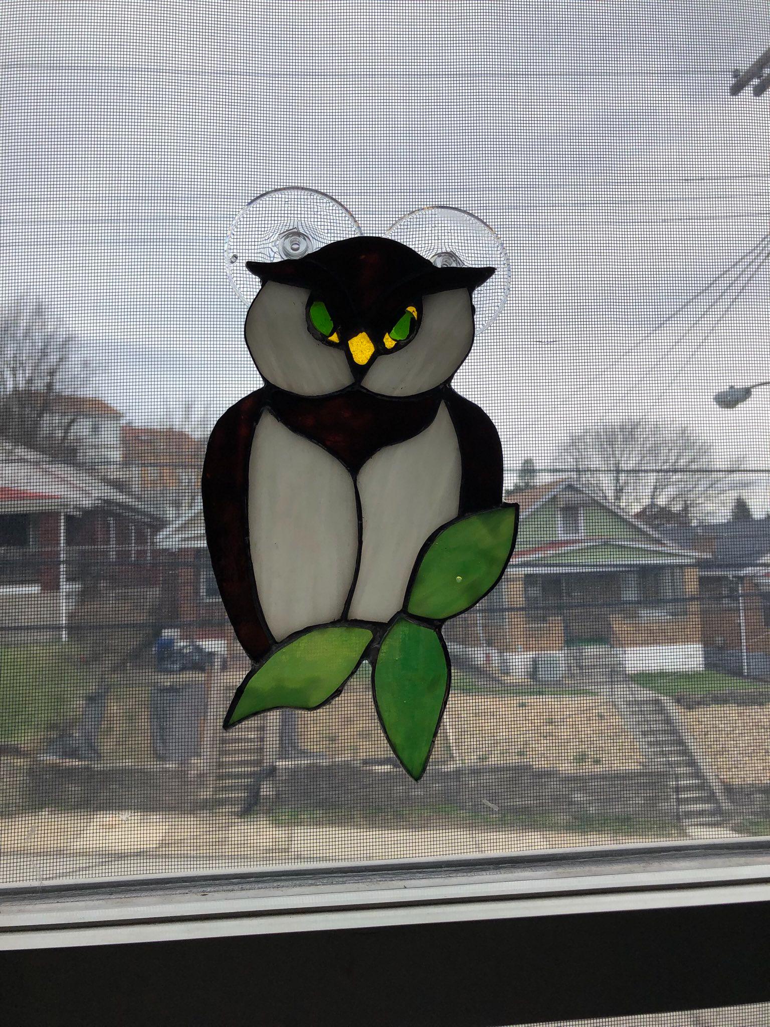 A stained glass owl that is perched on three leaves. The piece is hung on a window.